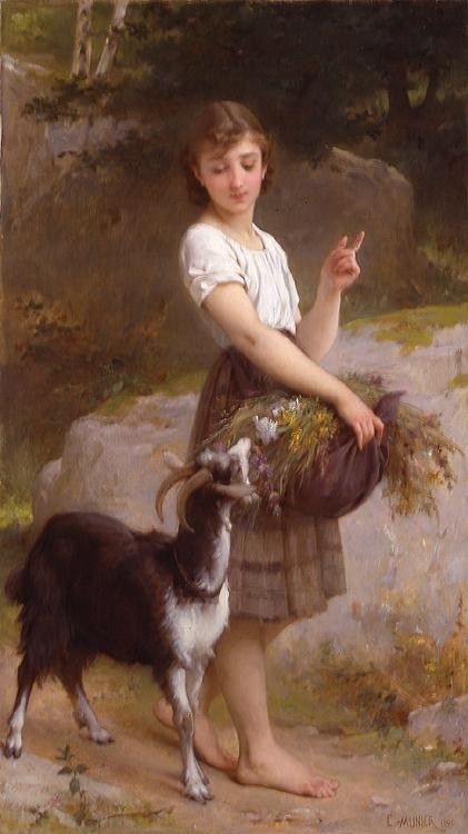 Emile Munier Young Girl with Goat & Flowers